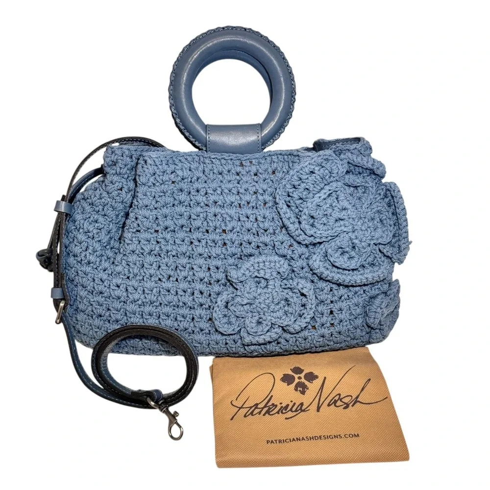 Patricia Nash Carlina Blue Floral Crochet Satchel Bag Handle Crossbody‎ NWT